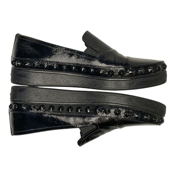 Prada Sport Black Saffiano Leather Spiked Studded Slip On Shoes EU 36.5 Loafer - Picture 4 of 11
